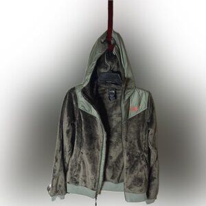 NWT North Face Dark Olive Green W/ coral accents full zip furry Hoodie. Women XS